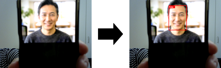 スマートフォンに表示した顔を横向きに撮影した画像と、フェイク判定された顔矩形を描画した出力例。