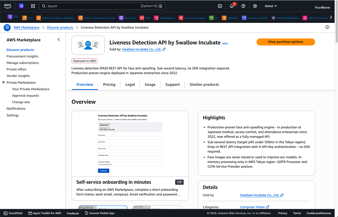 The AWS Marketplace product page. Use View purchase options at the top right to reach subscription management.