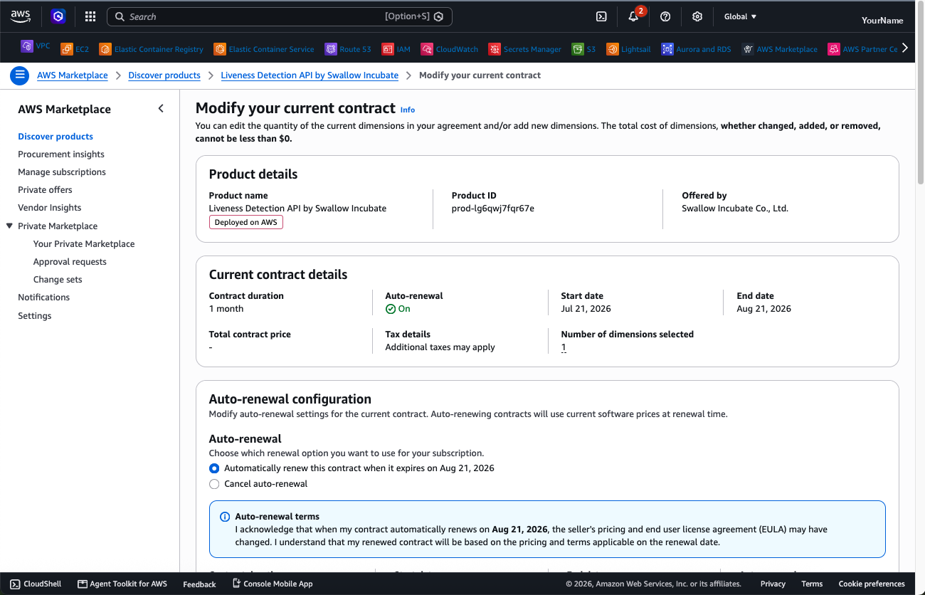 The Modify current contract page. Auto-renewal configuration, below Current contract details, is where you stop auto-renewal.