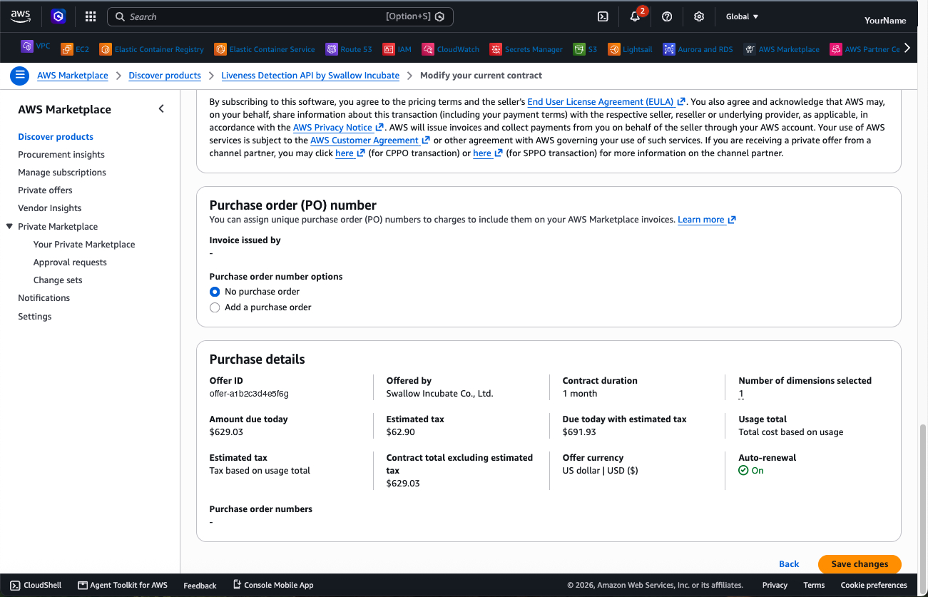 Purchase details and the Save changes button.