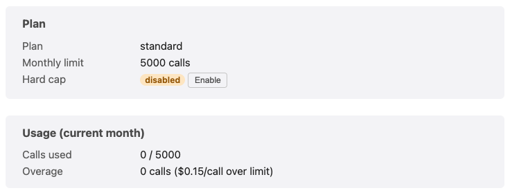 The Plan section of the customer console, updated to standard / 5000 calls.