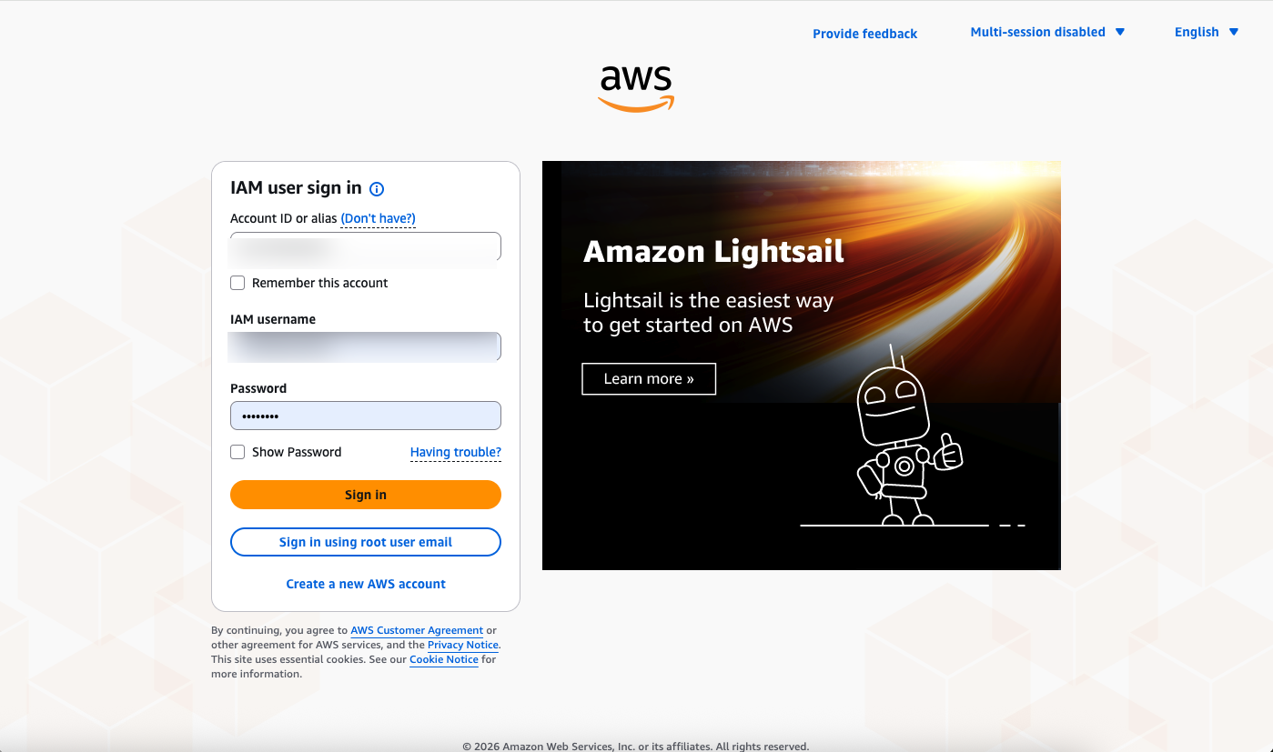 The AWS sign-in screen. Sign in with the account you want to use for the subscription.