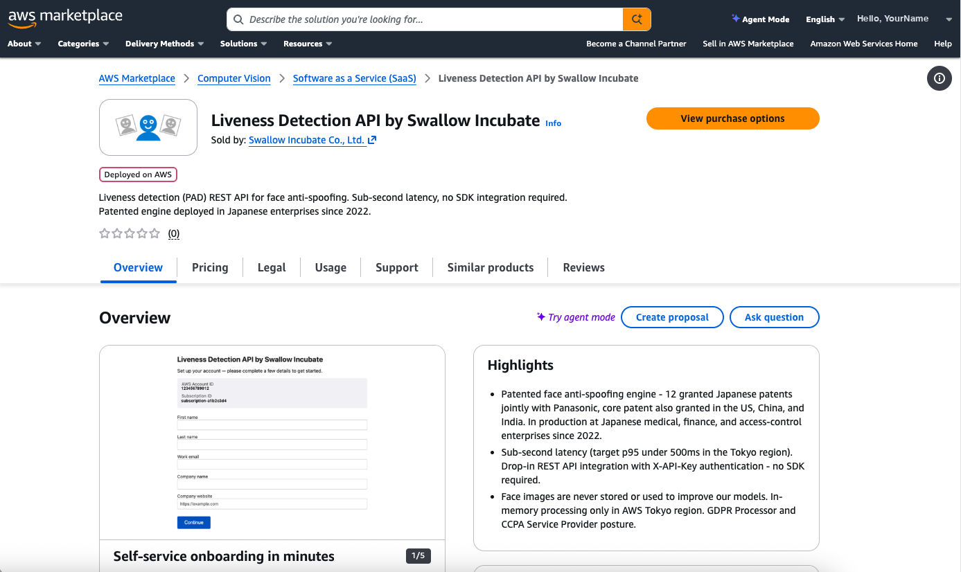 The product page after signing in. Your account name appears at the top right.