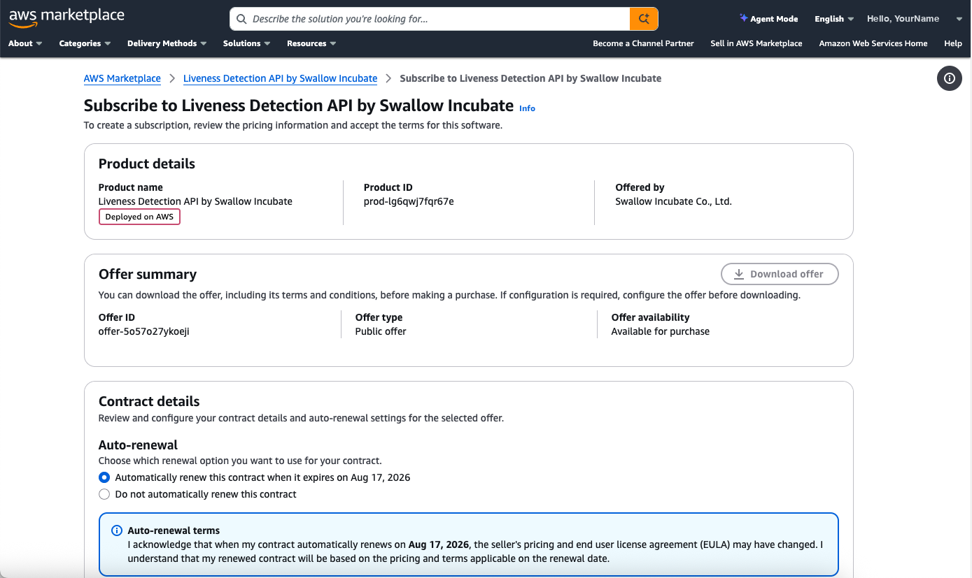 Contract details on the subscribe screen. Choose whether the contract renews automatically.