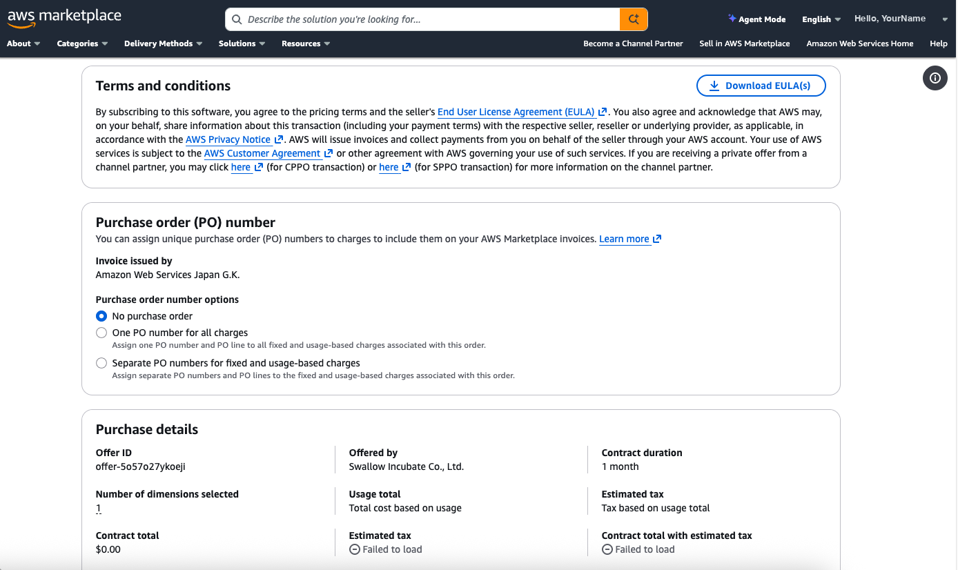 Terms and conditions and Purchase details. Review the EULA and your contract details.