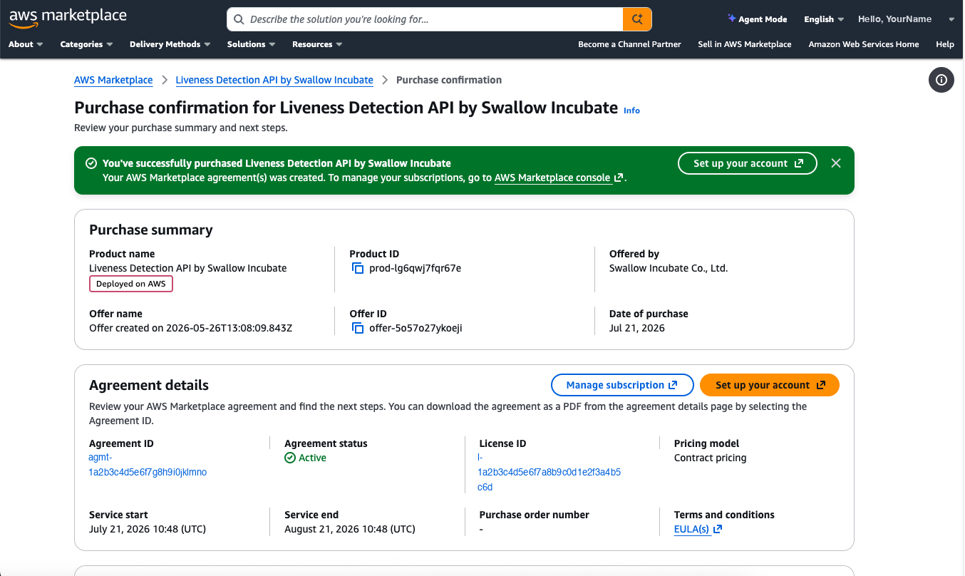 The Purchase confirmation screen. Agreement status becomes Active.