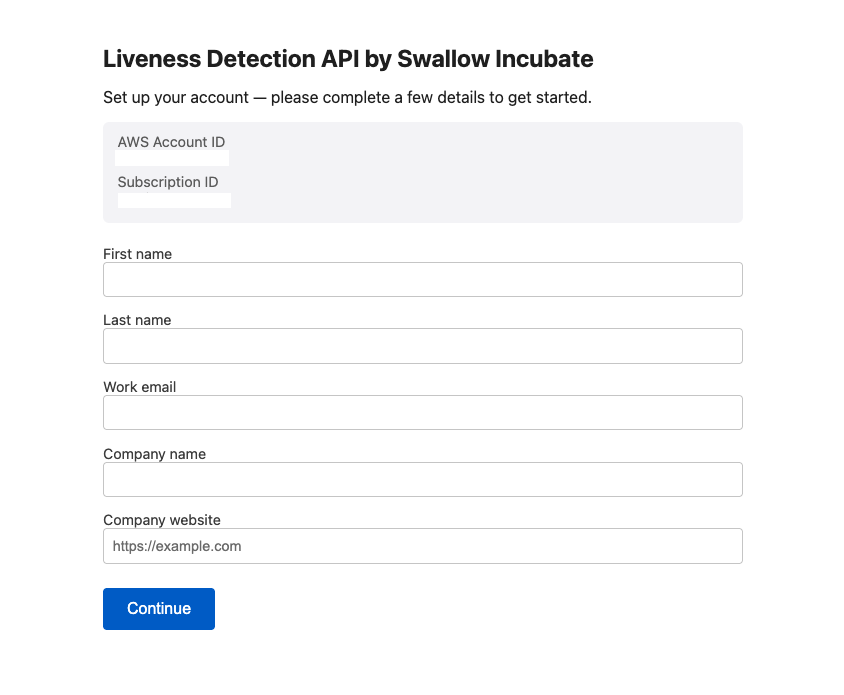 The onboarding registration screen. AWS Account ID and Subscription ID are filled in automatically.