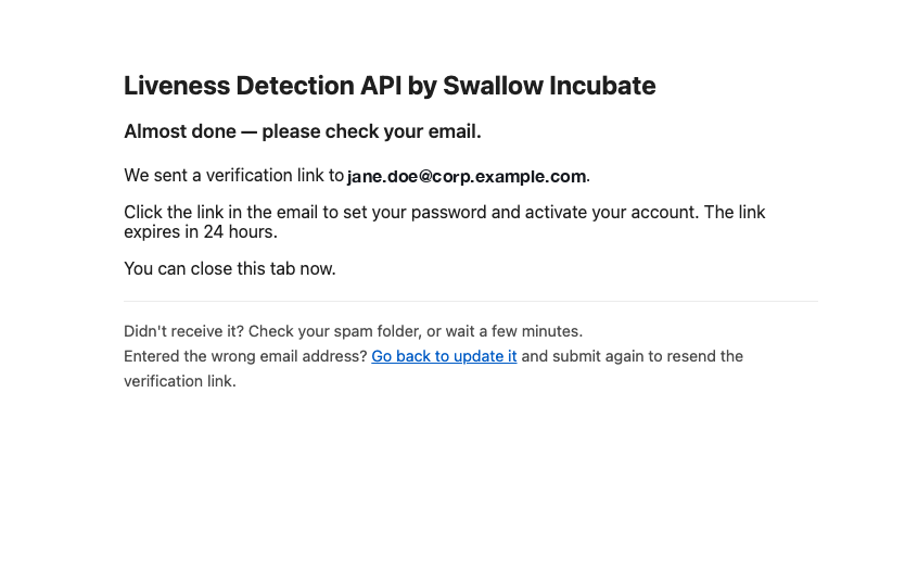 The confirmation screen, showing that a verification link has been sent to the address you entered.