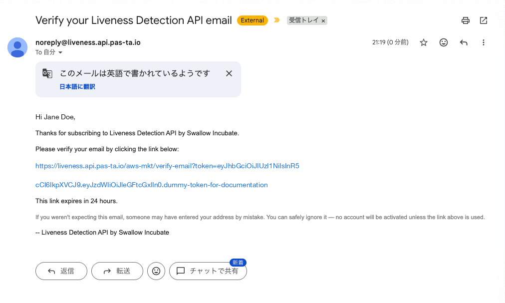 The verification email. Open the URL in the message body to verify your email address.