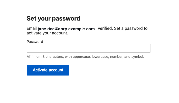 The password setup screen, showing that your email address has been verified.