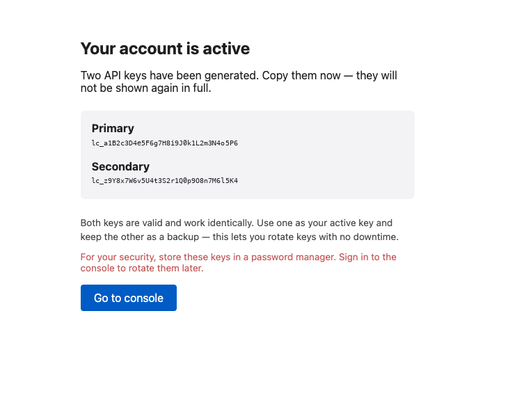 The account activation screen. The Primary and Secondary API keys are shown in full.