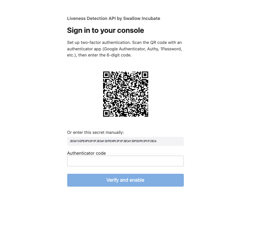 The two-factor authentication setup screen. Scan the QR code with your authenticator app.