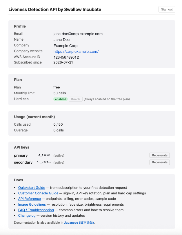 The customer dashboard. Check your plan, usage, and API keys.